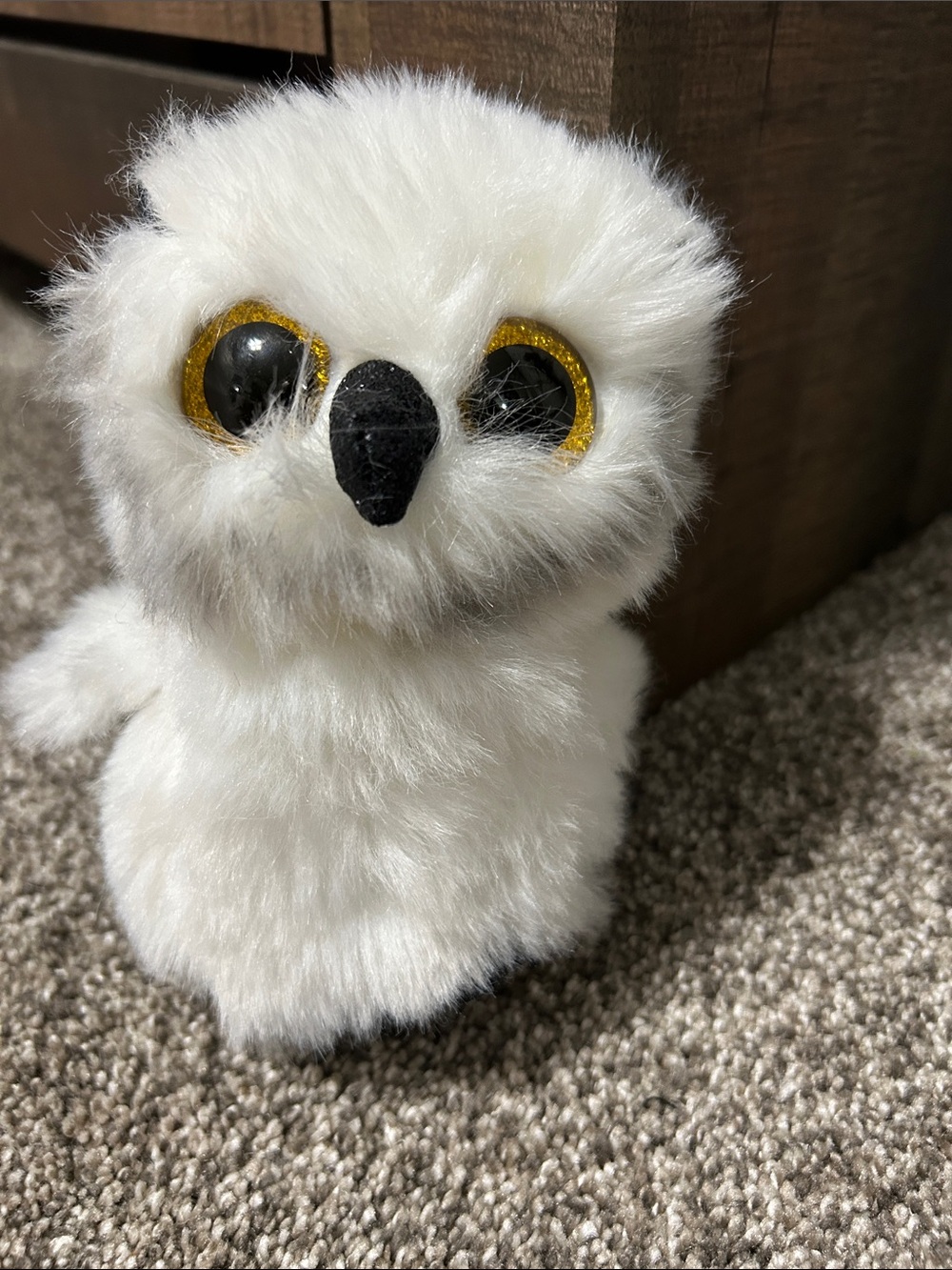 Ty White Plush Owl with Gold-Rim Eyes